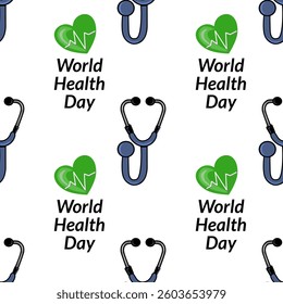A vector repeating pattern featuring stethoscopes and text that reads World Health Day in green and black. The design is suitable for health-related themes and celebrations.