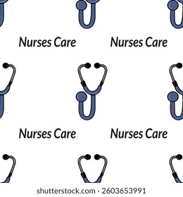 A vector repeating pattern featuring stethoscopes and the text Nurses Care. The design is simple and colorful, ideal for healthcare-themed materials.