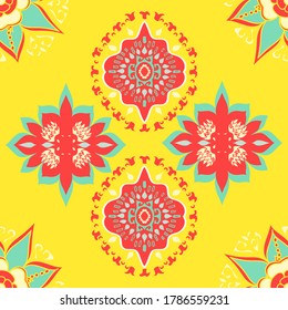 Vector repeating pattern of geometric shapes with intricate detail in red and aqua on a bright vibrant yellow background. Summery and bold, this makes a beautiful wallpaper or fabric print.