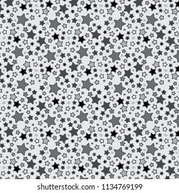 vector repeating pattern of grey scale stars in various size and rotation for textile, fabric, backgrounds, backdrops, wallpaper and creative festive and cheerful surface designs
