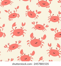 Vector repeating pattern with happy coral crabs on cream background. Coastal, swim, poolside, crab seafood restaurant backdrop