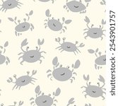 Vector repeating pattern with happy soft gray crabs on cream background. Coastal, swim, poolside, crab seafood restaurant backdrop