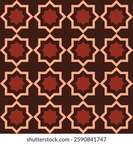 Vector repeating pattern inspired by traditional Islamic geometric art. The design features interlocking star-shaped polygons in rich shades of brown and beige. Illustration.