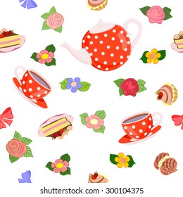 Vector repeating pattern from the kettle, cups, cake, cupcakes and flowers.