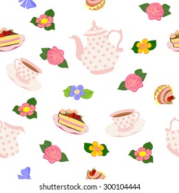 Vector repeating pattern from the kettle, cups, cake, cupcakes and flowers.