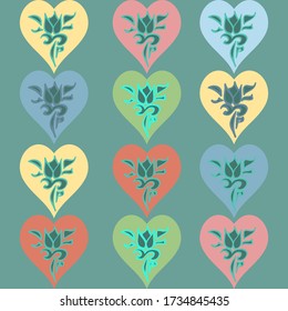 Vector repeating pattern made up of hearts encasing flowers in pastel shades on a duck egg blue background. Multicoloured and pretty, good for girls decor and fabric print.
