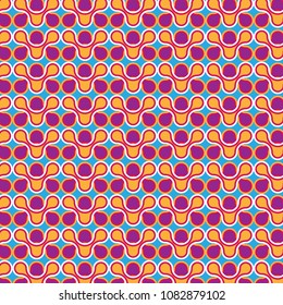 vector repeating pattern in orange and purple over blue background. cool curved circular interconnected geometrical shapes for textile, fabric, backgrounds and creative surface designs