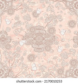 vector repeating pattern. spring wedding floral chinoiserie in pastel toned pinks. High end luxury. elegant feminine delicate illustration. boho luxe bride vintage floral with handmade paper texture