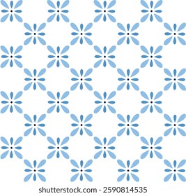 Vector repeating pattern of stylized blue flowers set against a crisp white background. Illustration.