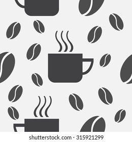 Vector repeating seamless background of coffee cups with steam and coffee beans. Package design, website design, paper design. Vector 10 eps file. 