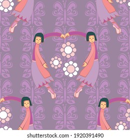 Vector repeating seamless ballerina pattern featuring dancers in heart shape formations with daisy flowers and a butterfly backdrop in purple and pink