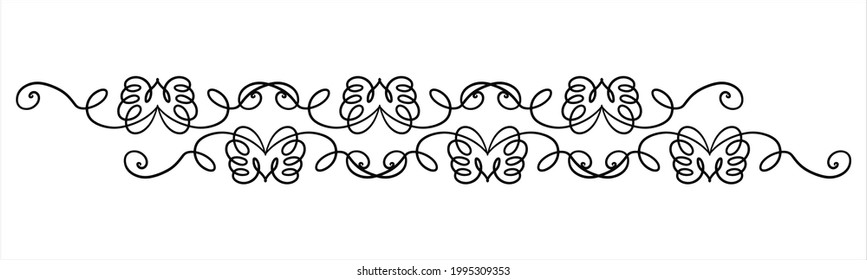 vector repeating seamless border, devider, separator. with swirls and curls, thin line art. Element for product design, drawing patterns, collages and etc