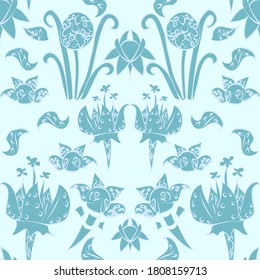 Vector repeating seamless floral design with quirky, hand drawn fantasy flowers in a doodle style in shades of muted blue. Highly decorative and pretty, this repeatable pattern is inspired by nature.