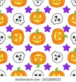 Vetor Repetindo Padrão Sem Costura com Assustador Smiling Abóboras, Crânios no Fundo Branco, Textura Imprimível, Feliz Halloween, Truque ou Trate Papel de Parede, Papel de embrulho