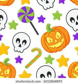 Vector repeating seamless pattern with scary smiling halloween pumpkins on white background, emotional pumpkins, repeatable and printable texture, happy halloween, trick or treat wallpaper, paper