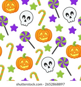 Vector repeating seamless pattern with scary smiling halloween pumpkins on white background, emotional pumpkins, repeatable and printable texture, happy halloween, trick or treat wallpaper, paper