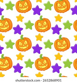 Vetor repetindo o padrão sem emenda com as abóboras de halloween assustadoras no fundo branco, abóboras emocionais, textura repetível e imprimível, halloween feliz, truque ou papel de parede de tratar