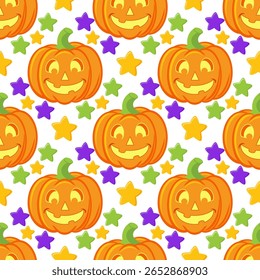 Vector repeating seamless pattern with scary smiling halloween pumpkins on white background, emotional pumpkins, repeatable and printable texture, happy halloween, trick or treat wallpaper