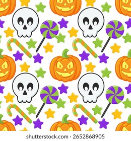 Vetor repetindo o padrão sem emenda com as abóboras de halloween assustadoras no fundo branco, abóboras emocionais, textura repetível e imprimível, halloween feliz, truque ou papel de parede de tratar