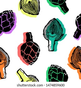 Vector repeating texture with stylized artichoke. Abstract seamless pattern. Vegetable print for cards, backdrops, posters, t-shirts, sweatshirt.