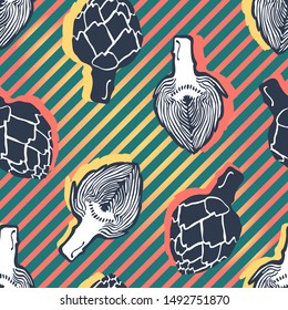 Vector repeating texture with stylized artichoke. Abstract seamless pattern. Vegetable print for cards, backdrops, posters, t-shirts, sweatshirt.