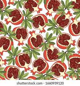 Vector repeating texture with stylized pomegranate. Abstract seamless pattern. Vegetarian product, healthy food. Fruit print for cards, backdrops, posters, t-shirts, textile.
