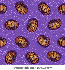 Vector repeating texture with stylized pumpkin. Abstract seamless pattern. Vegetable print for cards, backdrops, posters, t-shirts, sweatshirt.