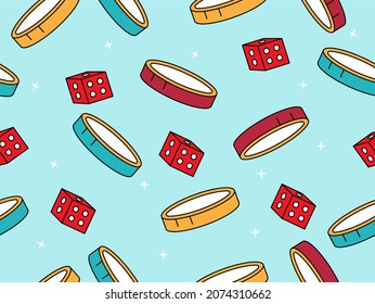 Vector Repeatless Coins Or Poker Chips With Dices On Blue Background.