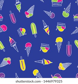 Vector repeatng seamless summer pattern, different ice and ice cubes in green, yellow, pink and violet color on blue background perfect for boys