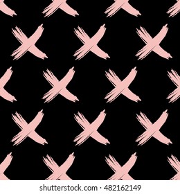 Vector repetition cross x hand drawn print. Hipster mosaic texture with pink crosses or pluses sign pattern. Trendy graphic design. Abstract pastele background with brush strokes.