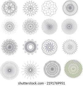 Vector of repetitive figures and shapes that make up ornamental circles.
