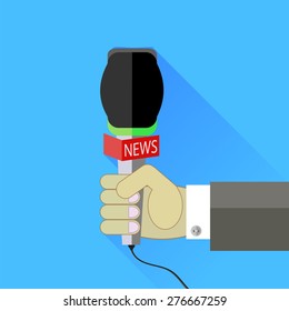 Vector Reporter Holding a Microphone Isolated on Blue Background.