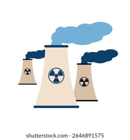 Representação vetorial das torres de arrefecimento de uma central nuclear que emitem vapor, destacando a produção de energia e considerações ambientais, simbolizando a geração de energia e a energia nuclear 