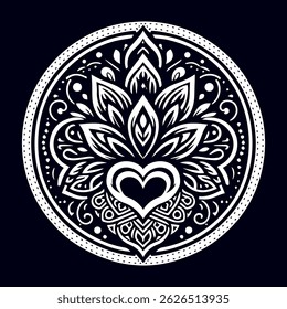 A vector representation of a hand-drawn floral mandala with a heart and lotus