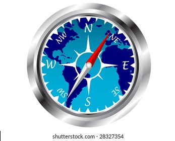 A vector representation of a navigational compass, with an inlay of the globe