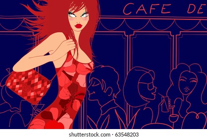 Vektorgrafik einer Frau, die auf einer Café-Terrasse in Paris spaziert