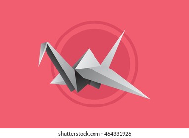 A vector representation of a origami swan or crane on a pink background. 