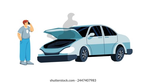 Vector representation of an overturned car accident, isolated on a white backdrop.