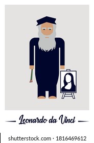 A vector representing an easel with a Mona lisa and Leonardo Da Vinci. 