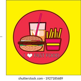 vector que representa una hamburguesa con patatas fritas y una gaseosa naranja sobre fondo rojo y un texto que dice que me encanta la comida rápida.