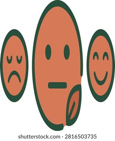 Vector representing an intuitive satisfaction or hunger scale featuring sad neutral and happy faces alongside a leaf symbol. Illustrates emotional states tied to food intake and overall wellness.