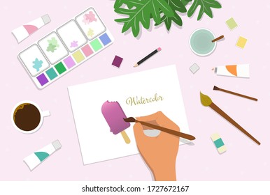 Vector representing the table of work of a watercolorist includes all the elements of painting