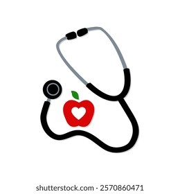 The vector represents healthcare, combining a heartbeat line, a stethoscope, and a heart symbolizing care and medical services. This is stethoscope apple.