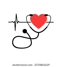 The vector represents healthcare, combining a heartbeat line, a stethoscope, and a heart symbolizing care and medical services. This is stethoscope heart