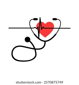 The vector represents healthcare, combining a heartbeat line, a stethoscope, and a heart symbolizing care and medical services. This is stethoscope heart.