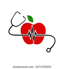 The vector represents healthcare, combining a heartbeat line, a stethoscope, and a heart symbolizing care and medical services. This is stethoscope apple.