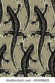 Vector reptilian seamless pattern, lizards top view continuous background. Rain forest fauna wallpaper for use in graphic design.