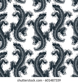 Vector reptilian seamless pattern, lizards top view continuous background. Rain forest fauna wallpaper for use in graphic design.