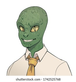 Vector reptiloide in white shirt and tie. Cartoon green humanoid reptile in an official outfit isolated on white