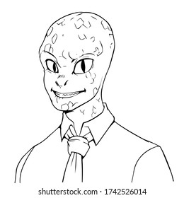 Vector reptiloide in white shirt and tie. Drawing of reptile in an official outfit isolated on white